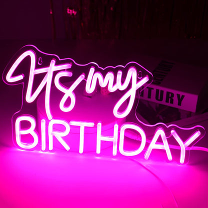 Planzo It's My Birthday Led Neon Light Sign Happy Birthday Party Wall Sign Decor Window Background Sign USB Bedroom Living Room Neon 5V Night Light Kids 15.8" X 9.1" Pink
