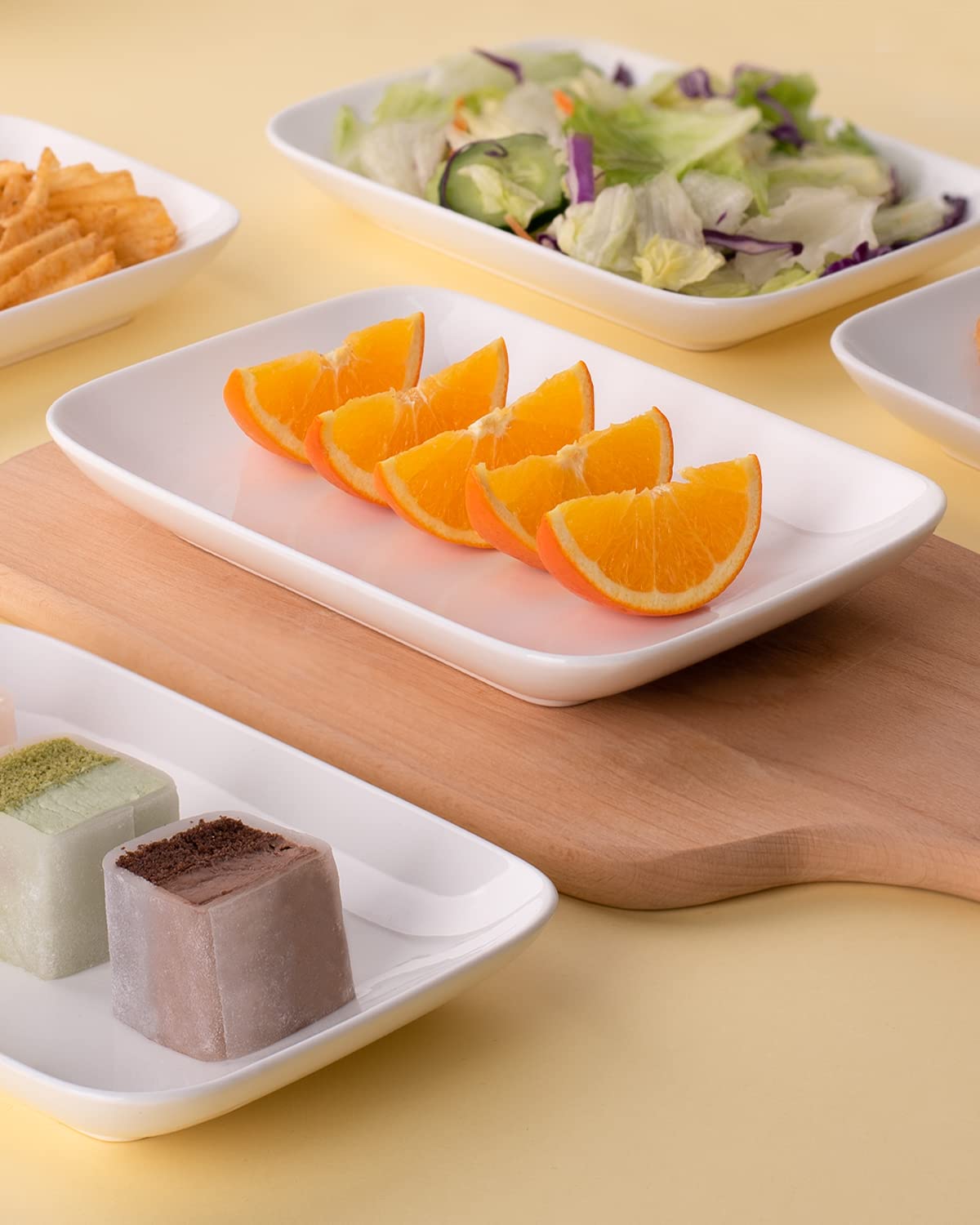 DELLING 8 Inch Rectangular Appetizer Plates Set of 6, Porcelain Salad Dessert Plates White, Small Serving Plates for Sushi Snack, Microwave Oven Dishwasher Safe, Stackable Ceramic Plates
