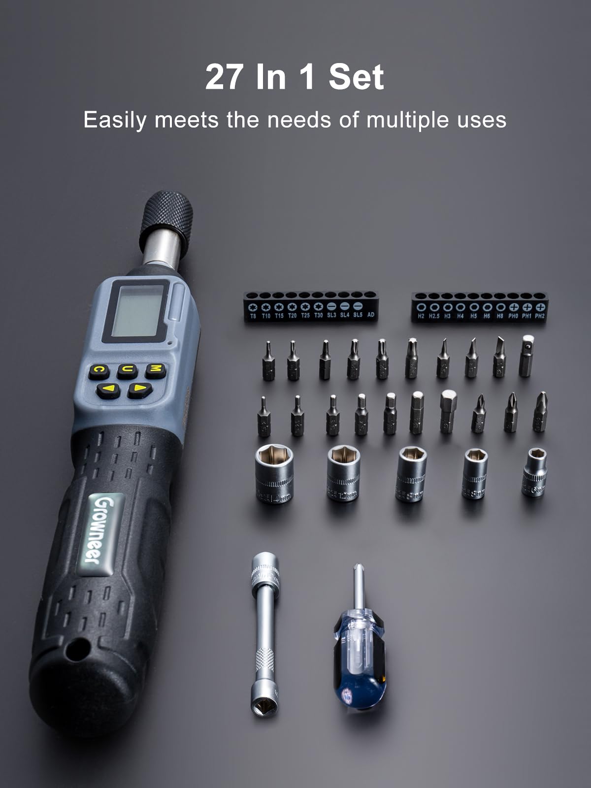 GROWNEER Digital Torque Screwdriver, 2.66-53.1 in-lbs/0.3-6 Nm, 1/4'' Drive Inch Pound Torque Screwdriver Electrician with Buzzer & LED Indicator, 27 in 1 Set