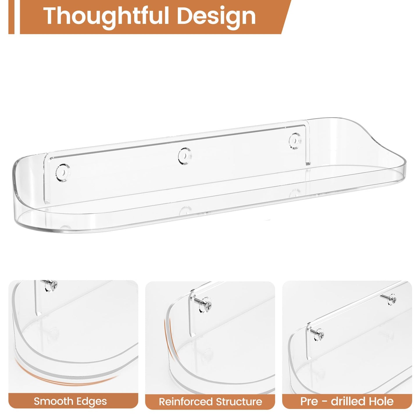 SpaceWhisper Floating Shelves for Wall, 6-Pack 15" Wall Shelves for Bathroom, Bedroom, Kitchen, Living Room, Display Hanging Shelf Organizer for Book, Picture Ledge, Figure Storage, Room Decor (Clear)