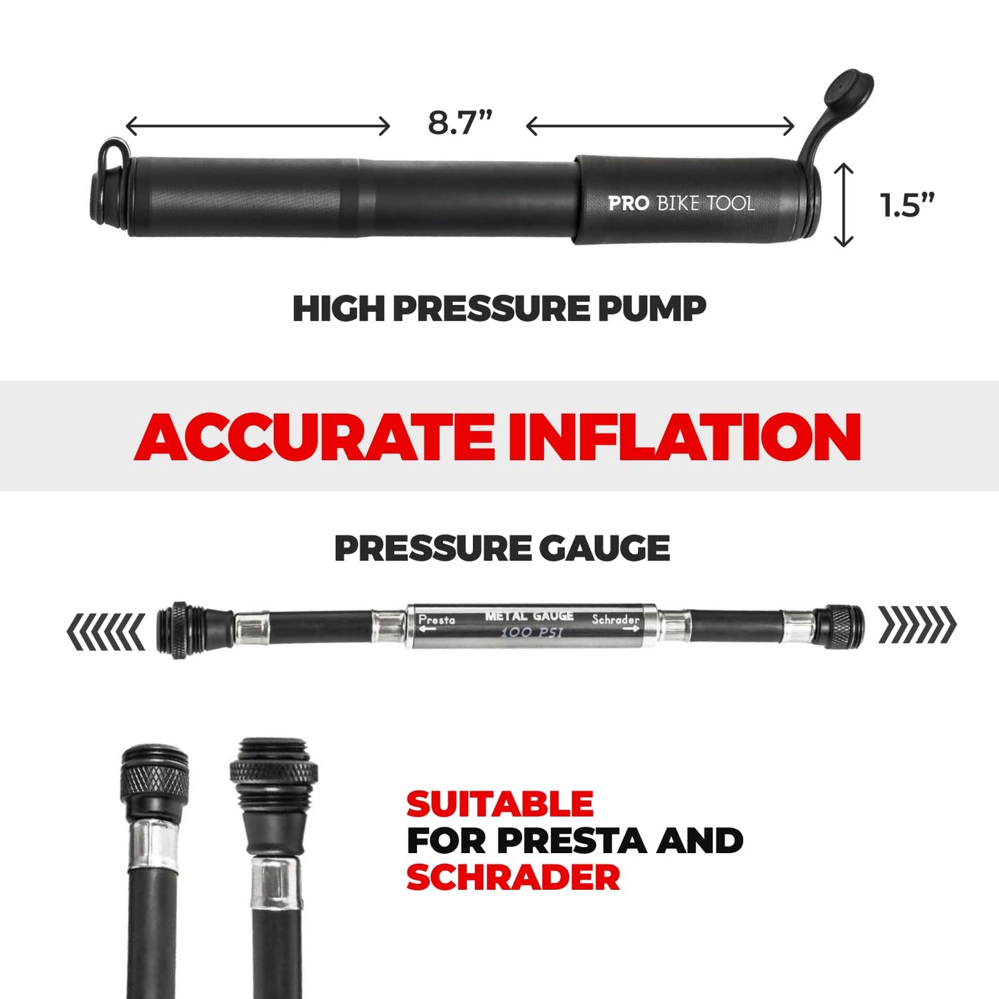 Pro-Bike Tool Mini Bike Pump with Gauge - Fits Presta & Schrader - Accurate Inflation - Mount Kit incl. - 100 PSI