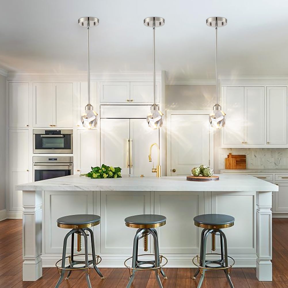 Untrammelife Modern Crystal Pendant Light Polished Nickel Small Pendant Light Fixtures 8W LED Hanging Chandelier for Bathroom Bedroom Kitchen 3 Color Temperature Adjustable 3000K-4000K-5000K