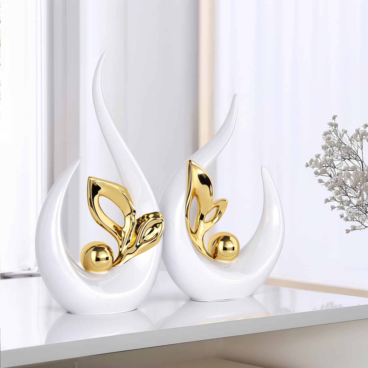 White Gold Home Decor Accent,Abstract Ceramic Statue and Sculptures for Living Room,Mid Century Modern Decor for Desktop Bookshelf tv Stand Fireplace Coffee Table Centerpieces Decorations