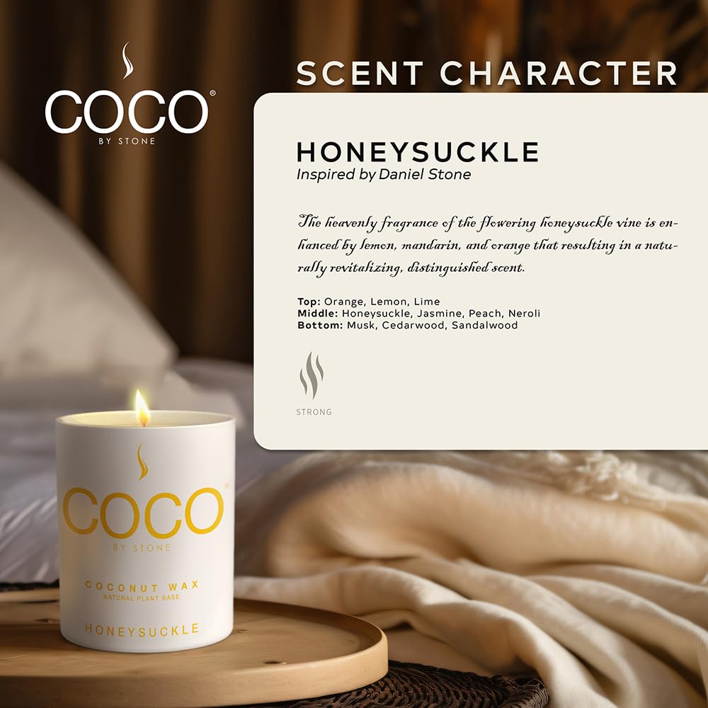 COCO by Stone 11oz Candle, Coconut Apricot Wax Candle for Home (Honeysuckle) Home Fragrance Products, 1 Wick Candle, Enhance Indoor Aroma, Vegan & Cruelty-Free, Clean Burning and Hand Poured Candle