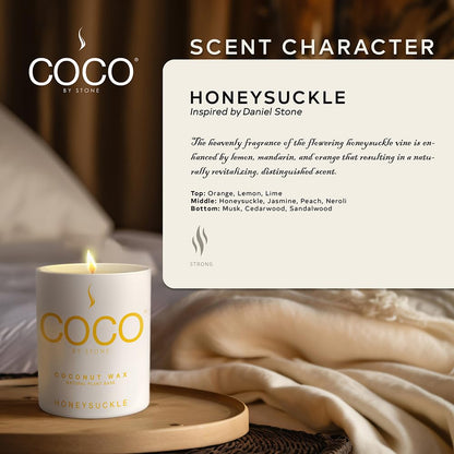 COCO by Stone 11oz Candle, Coconut Apricot Wax Candle for Home (Honeysuckle) Home Fragrance Products, 1 Wick Candle, Enhance Indoor Aroma, Vegan & Cruelty-Free, Clean Burning and Hand Poured Candle