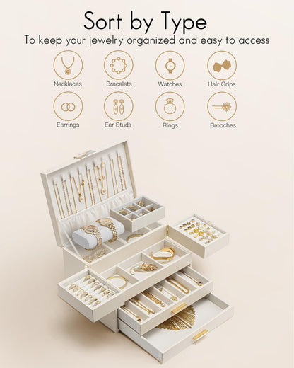Vlando 4 Layers Jewelry Box - Women Jewelry Box with Retractable Tray - Jewelry Organizer with Drawer for Necklaces, Rings, Bracelets, Earrings, Valentines Gift for Mom Girls - Cloud White