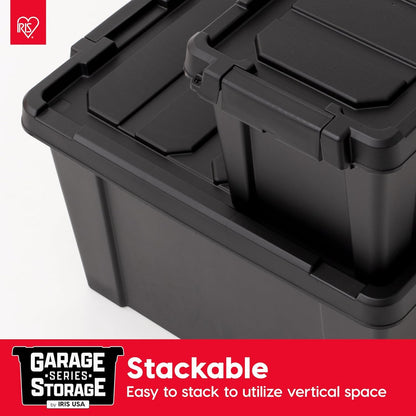 IRIS USA 20 Gallon Lockable Storage Bins with Lids, 6 Pack - Made in USA, Heavy Duty, Stackable Containers, Garage Organizing Bins Moving Tubs, Rugged Sturdy Equipment Utility Box - Black