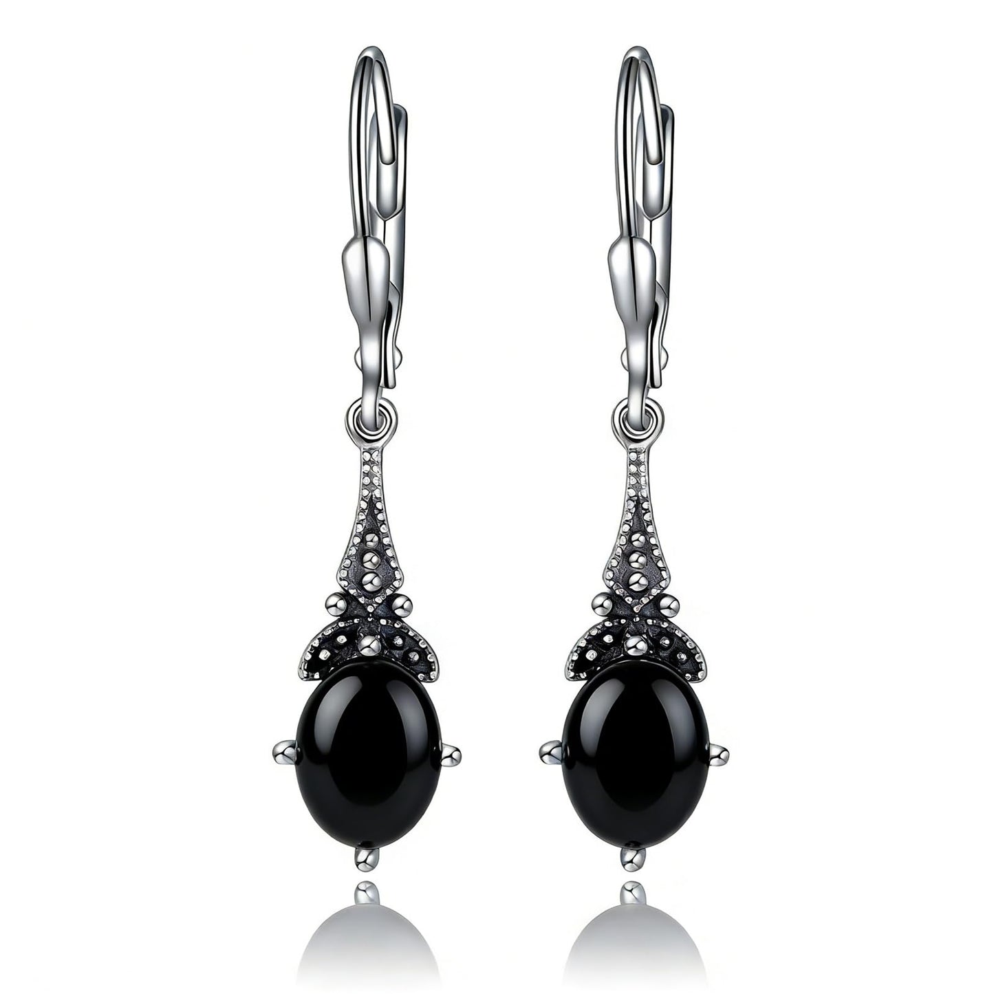 Natural Black Onyx Earrings 925 Sterling Silver Vintage Retro Leverback Dangle Drop Earrings Birthday Jewelry Gifts for Women