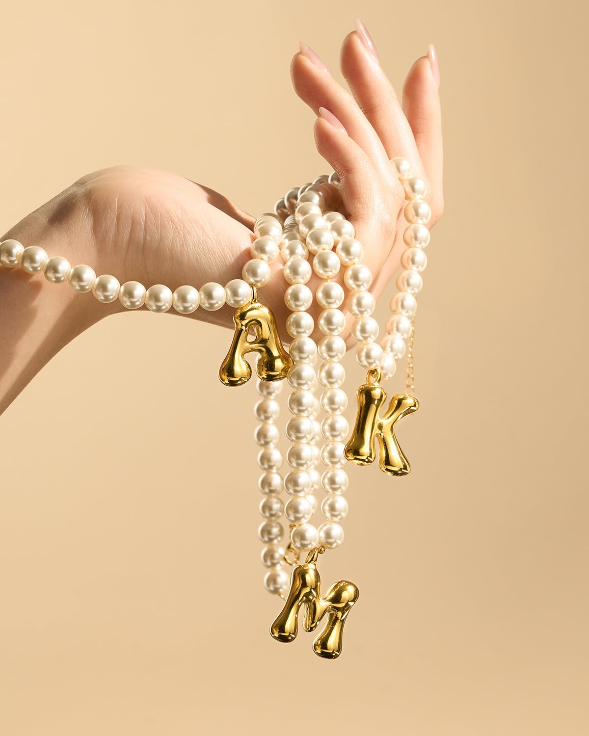 DoDoBeads Pearl Initial Necklace, 18K Gold Plated Stainless Steel Balloon Letter Pendant F, Non-Tarnish Waterproof Chunky Monogram Jewelry Gifts for Women Teens