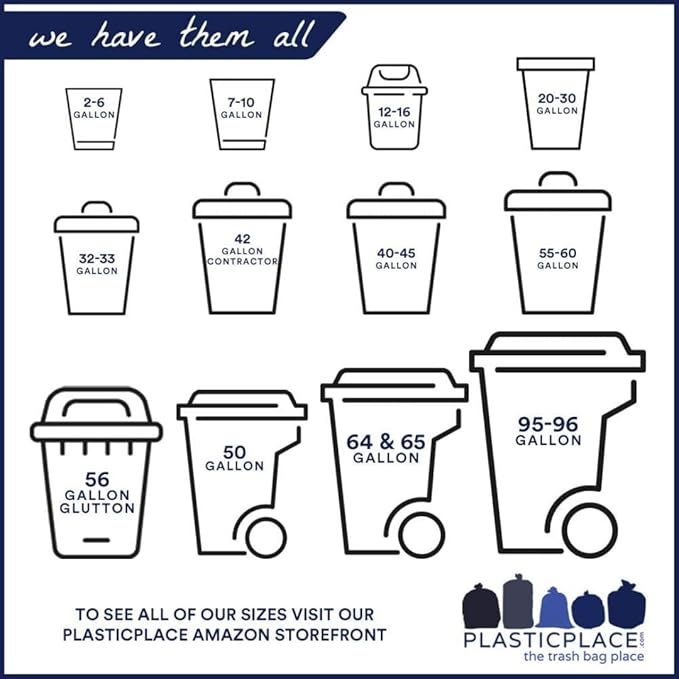 Plasticplace 64-65 Gallon Black Trash Bags, Heavy Duty Toter Can Liners