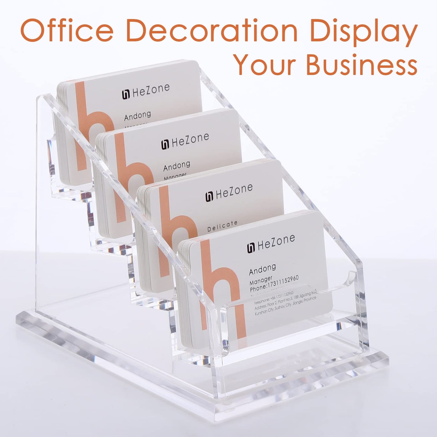 Business Card Holder for Desk Clear Acrylic Business Cards Stand Organizer Business Card holder 4 Slots 4 Tier Tilt Angle Business Card Display Rack-1 Pack