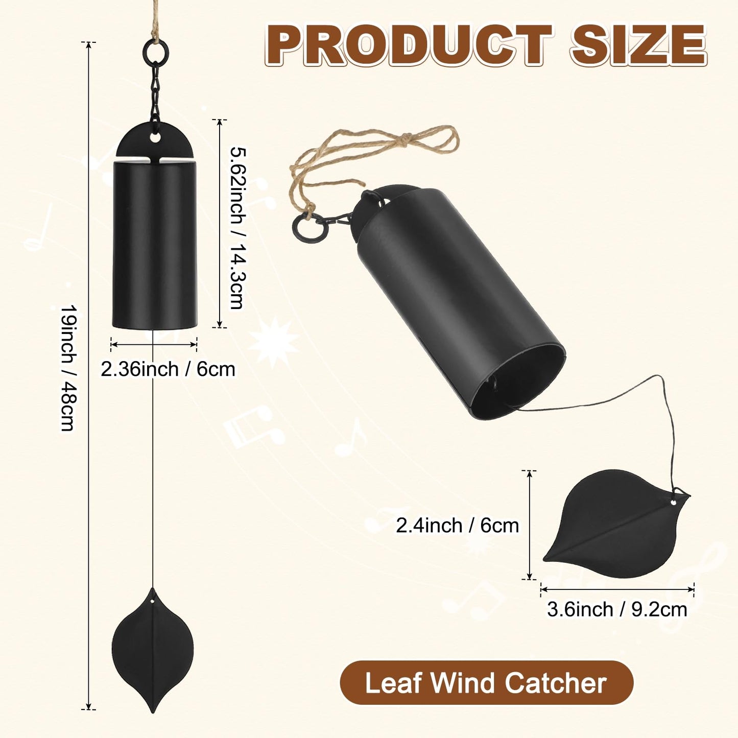 M METERXITY 1 Pack 19 Inch Wind Chimes for Outside, Deep Resonance Serenity Bell, Hanging Cylinder Metal Outdoor Wind Chimes Decor for Patio/Yard/Porch/Garden [Black]