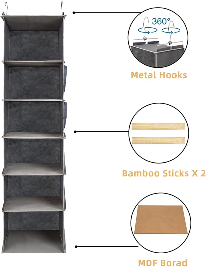 6-Shelf Hanging Closet Organizer and Storage, Collapsible Hanging Shelves