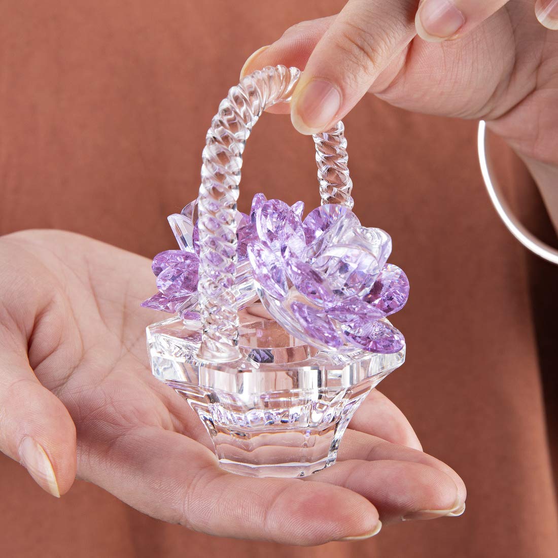 H&D HYALINE & DORA Crystal Flower Basket Figurine Purple Glass Ornament