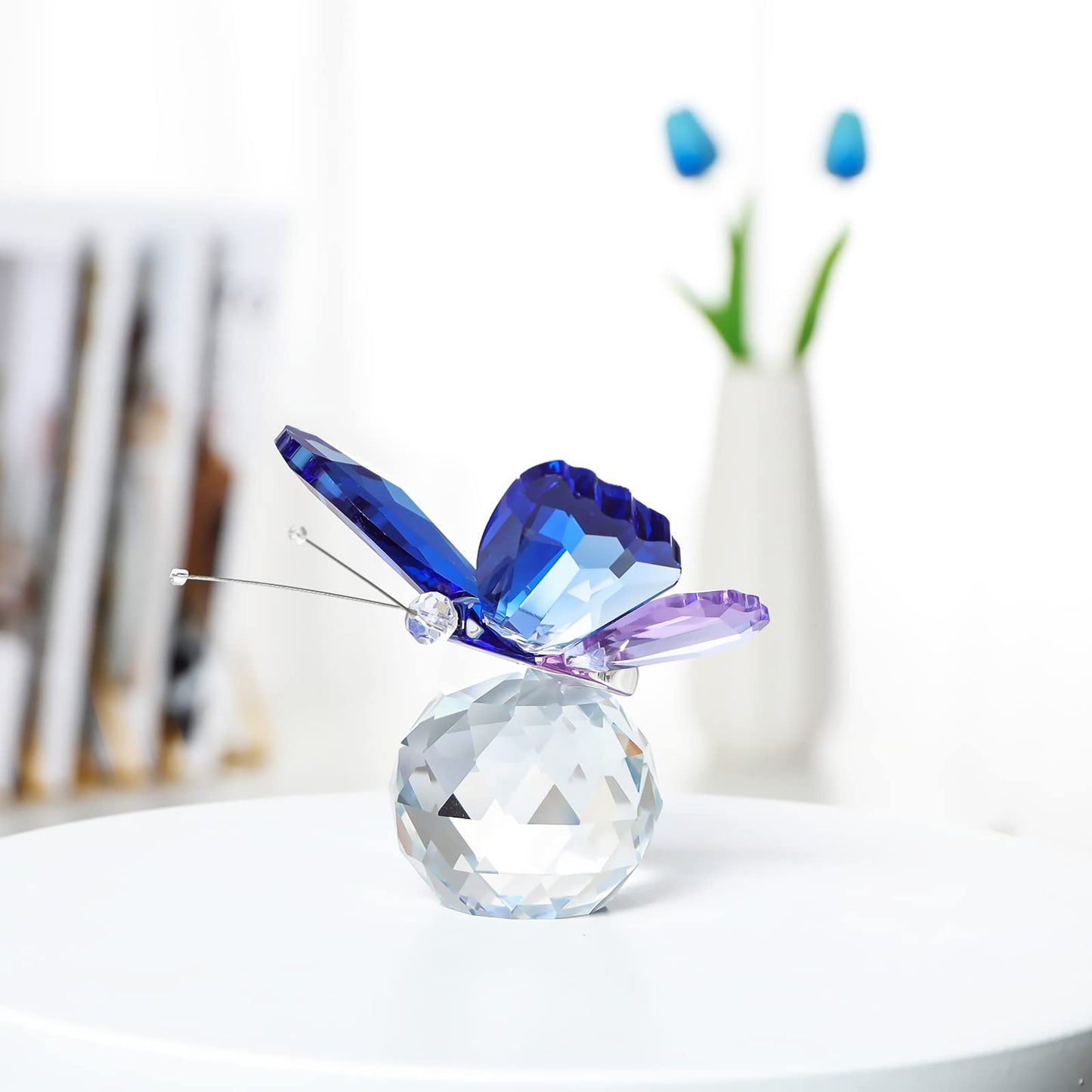 LONGSHENG - SINCE 2001 - Crystal Butterfly Figurine with Ball Base Glass Blue Purple Butterfly Crystal Collectible Paperweight Table Decor for Wedding Festival