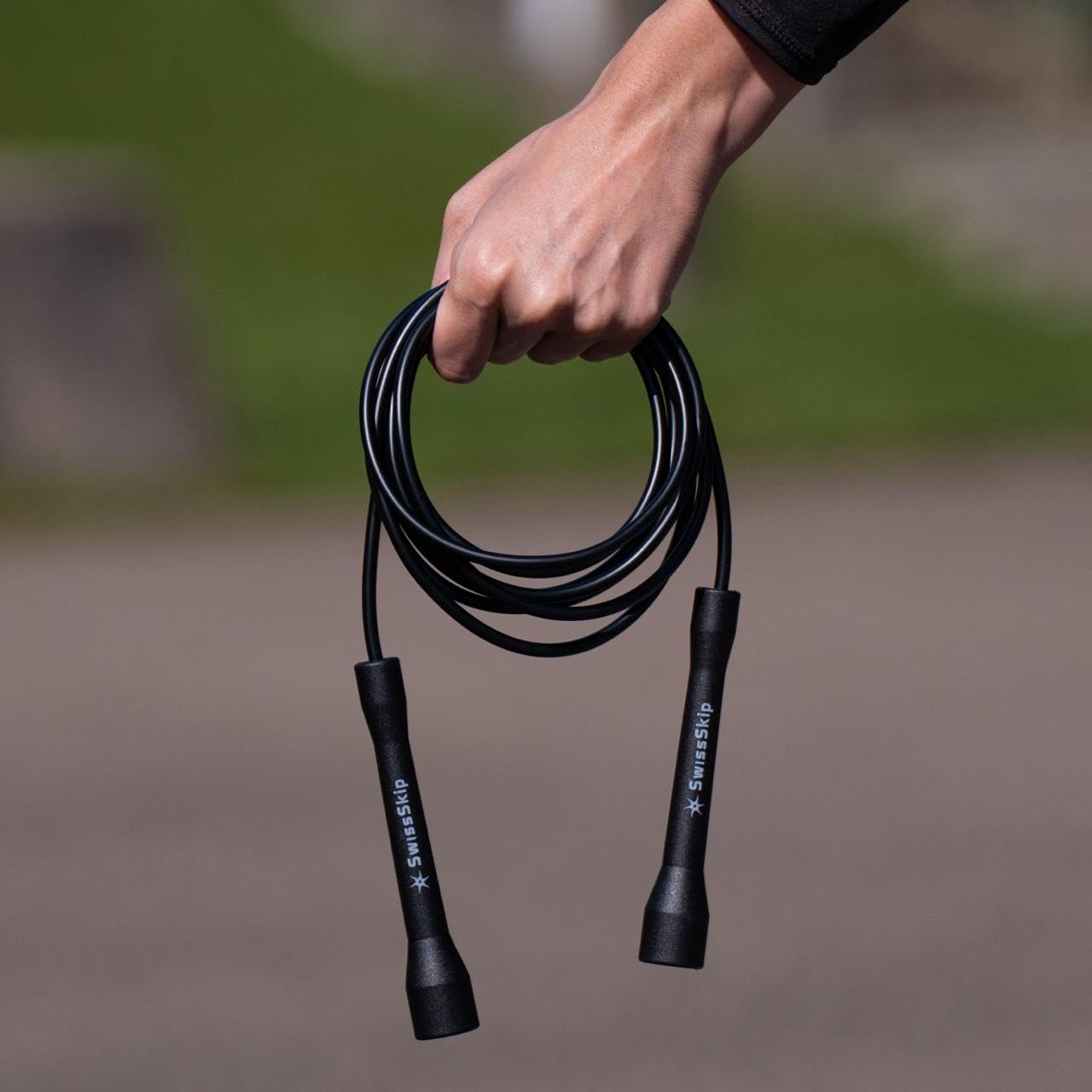 SwissSkip Speed Jump Rope by Dayan Kolev, 5mm PVC Skipping Rope, for Beginners and Advanced Athletes, Ideal for Fitness, Cardio, Boxing & CrossFit, Adjustable length with Unbreakable Handles (Black)