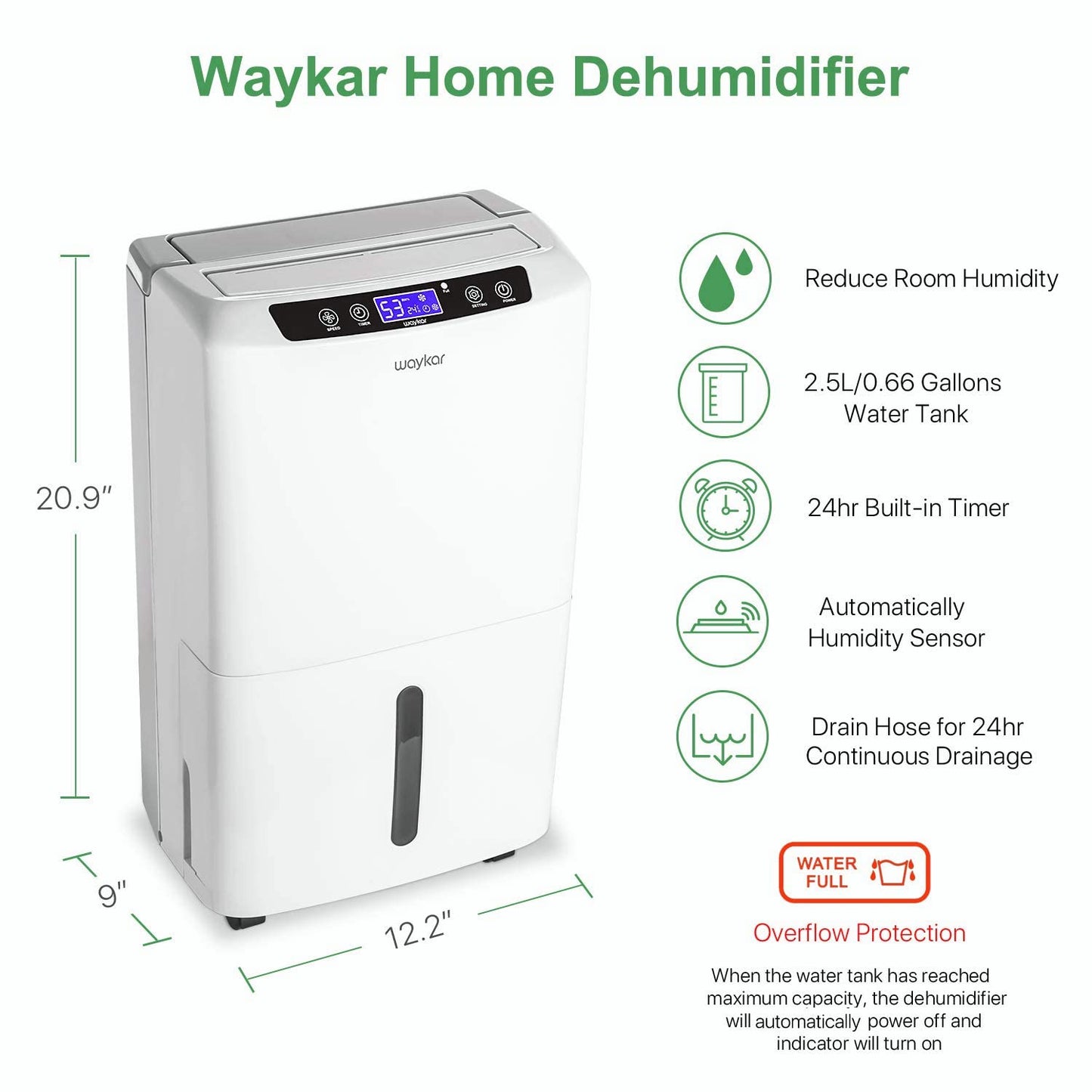 Waykar 34 Pints Energy Star Dehumidifier for Spaces up to 2,000 Sq. Ft at Home, in Basements and Large Rooms with Drain Hose and 0.66 Gallons Water Tank