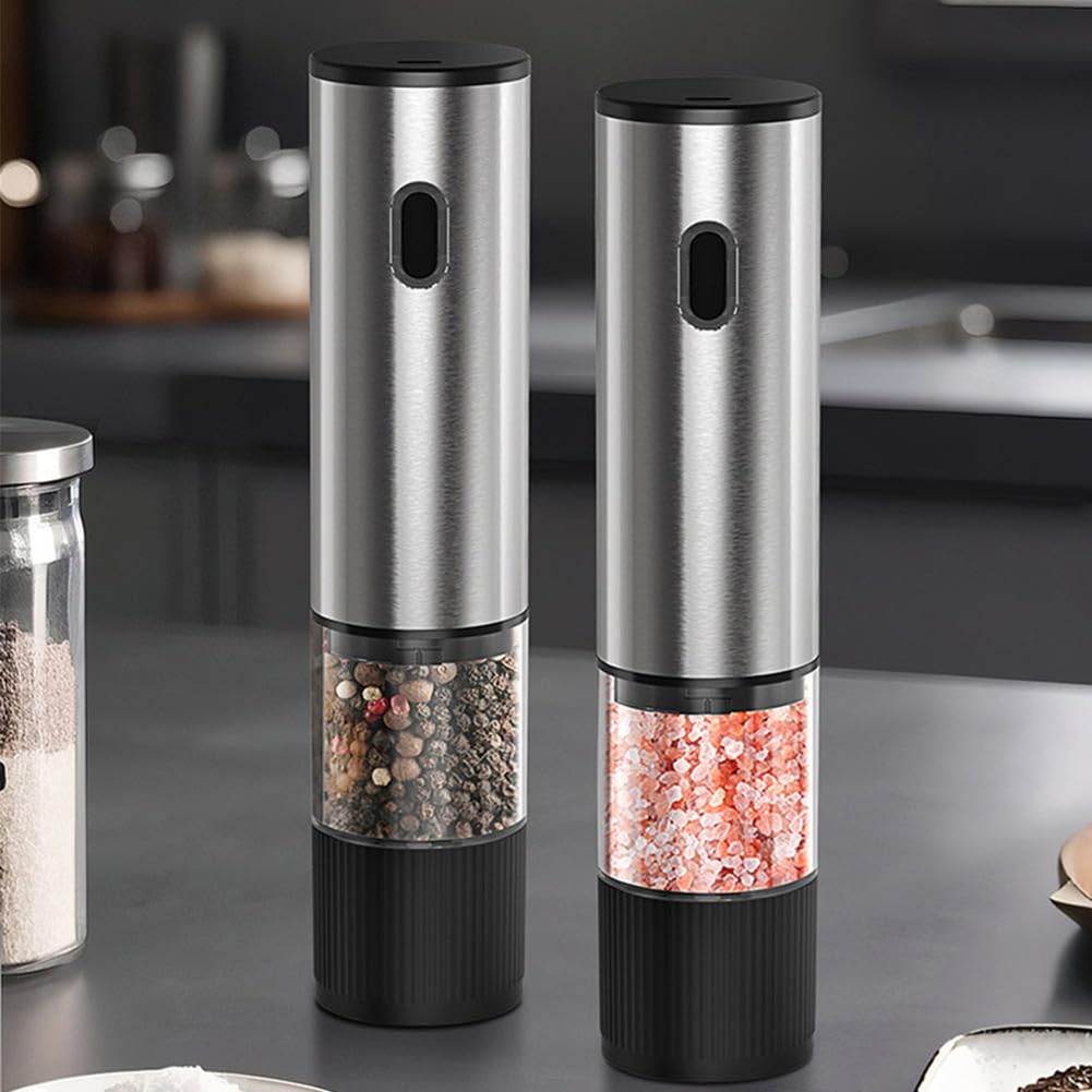Electric Salt and Pepper Grinder, USB Rechargeable with Ceramic Grinding Mechanism, Adjustable Coarseness, One-Touch Operation, Stainless Steel and Black