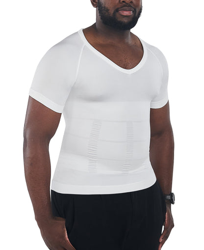 KOCLES Gynecomastia Compression Shirts for Men, Shapewear Slimming Body Shaper Undershirt, V-Neck Baselayer T-Shirt for Workout Sports, Fajas para Hombres (White, X-Large)