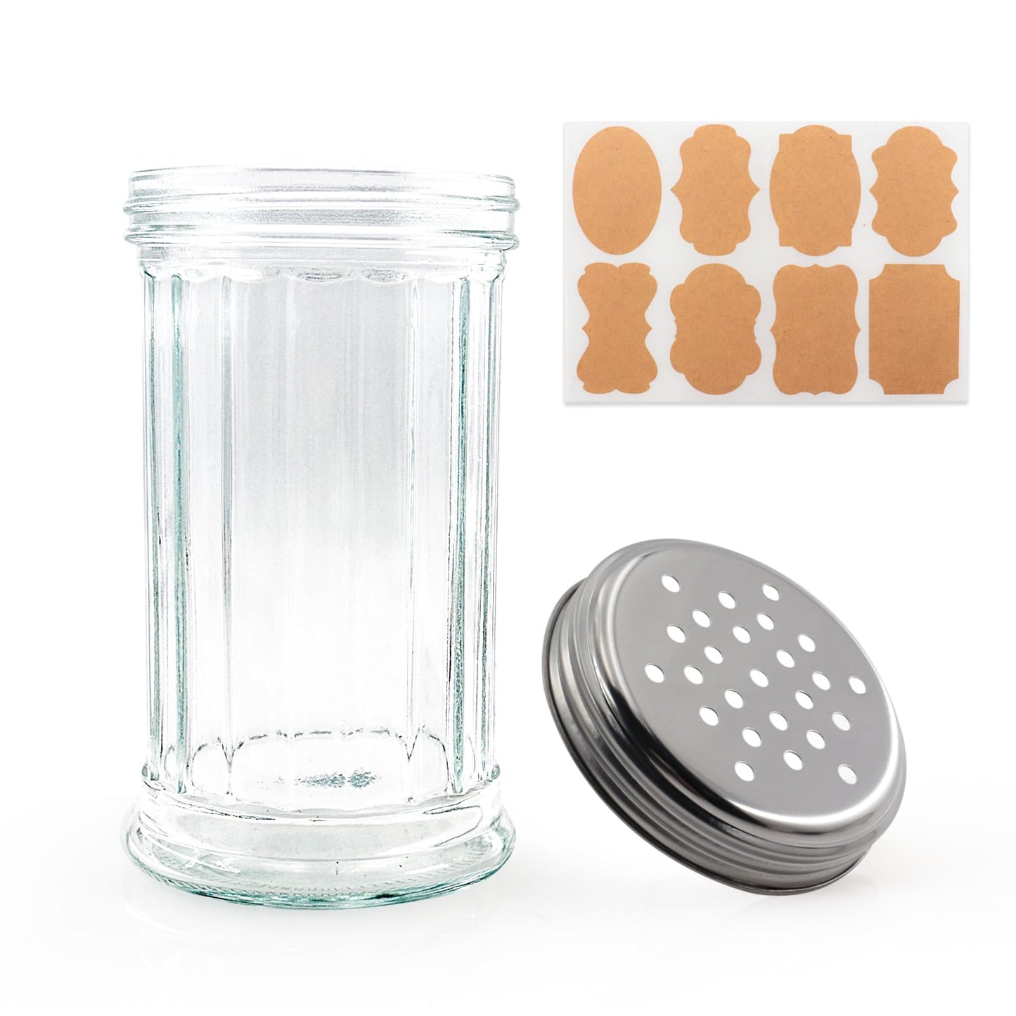 RUIQINQI 12 oz Retro Style Glass Sugar Shakers Dispenser, Glass Jar, Sugar Shaker, Stainless Steel Pour-Flap Lid, For Sugar/Cinnamon/Bee Pollen/pepper and other spices (Perforated Lid-1pc)