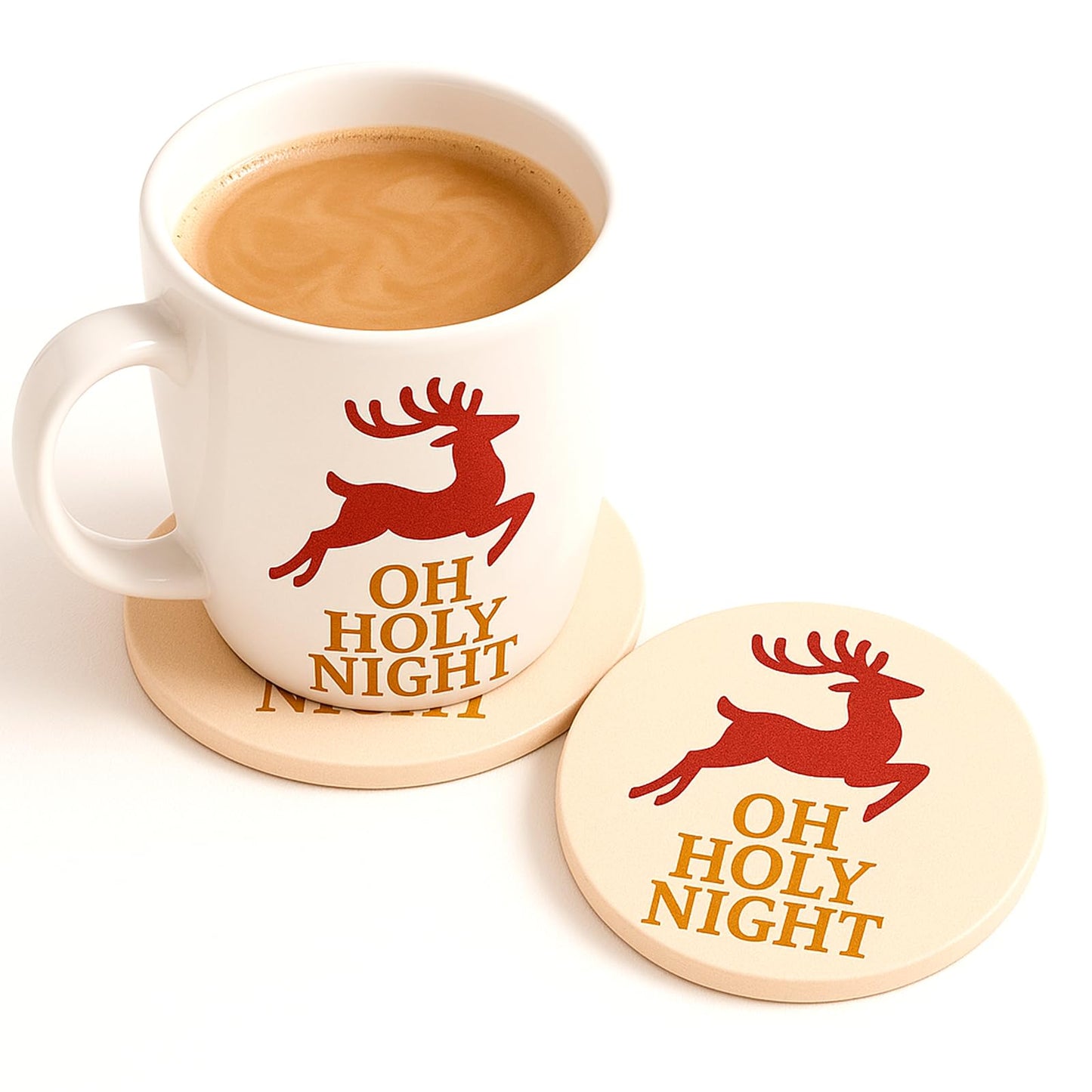 Christmas Ceramic Coasters Set of 4,“Oh Holy Night” Reindeer Absorbent Stone Drink Coasters with Non-Slip Cork Backing for Coffee Table, Holiday Party, Winter Home & Kitchen Decor