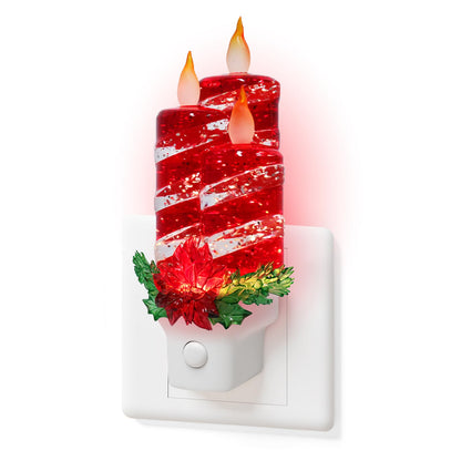 Christmas Candle Night Light Plug into Wall Glitter Water Nightlight with USB/Outlet Options, Christmas Decorative Nightlight for Bedroom Kitchen Nursery Hallway Holiday Decorations Gifts (Red Candle)