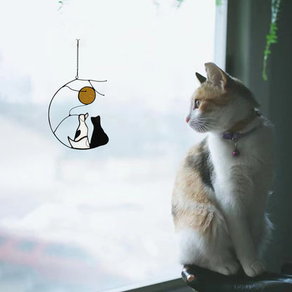 HAOSUM Dog and Cat Friendship Decor Stained Glass Window Hanging,Pet Memorial Gifts Suncatcher for Window,Black Cat Themed Gifts for Cats Lovers,Dog Lovers Giftss for Women