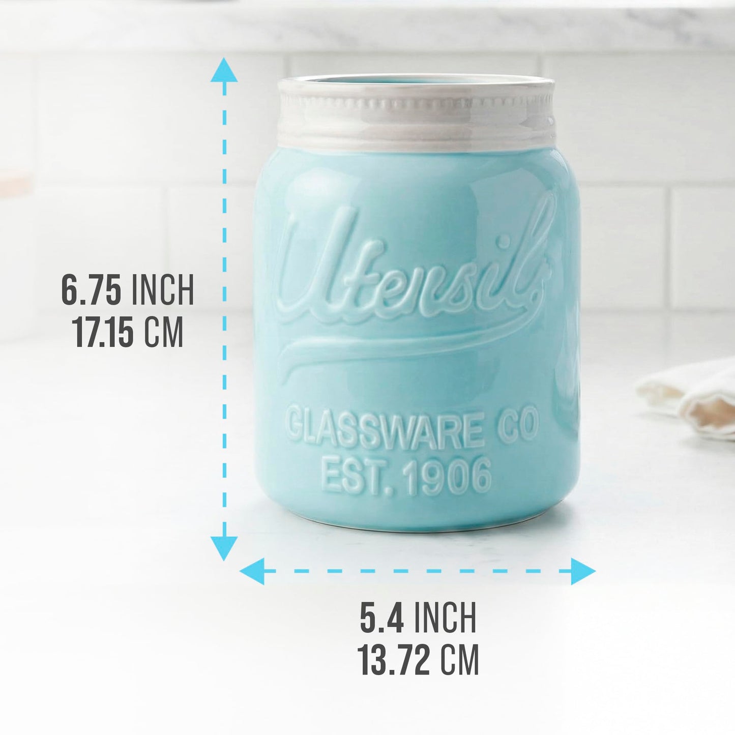Comfify Blue Mason Jar Utensil Holder – Wide Mouth Ceramic – Farmhouse