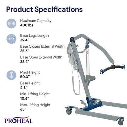 ProHeal Portable Patient Lift - Compact Folding Full Body Patient Transfer Lifter for Home Use and Facilities - Low Bed and Chair Lifting, 400 Pound Weight Capacity, 2 Point Spreader Bar