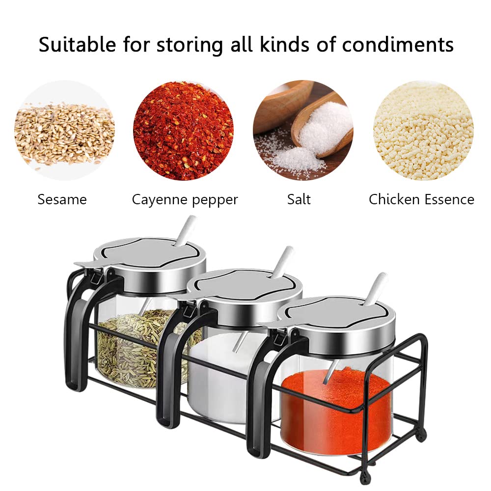 YMYL 3 Pcs Glass Condiment Jars Spice Containers with Stainless Steel Lids, Serving Spoon and Base Rack, 10oz Clear Seasoning Jars Coffee Sugar Pepper Salt Bowls for Kitchen Organization (3 Jars Set)