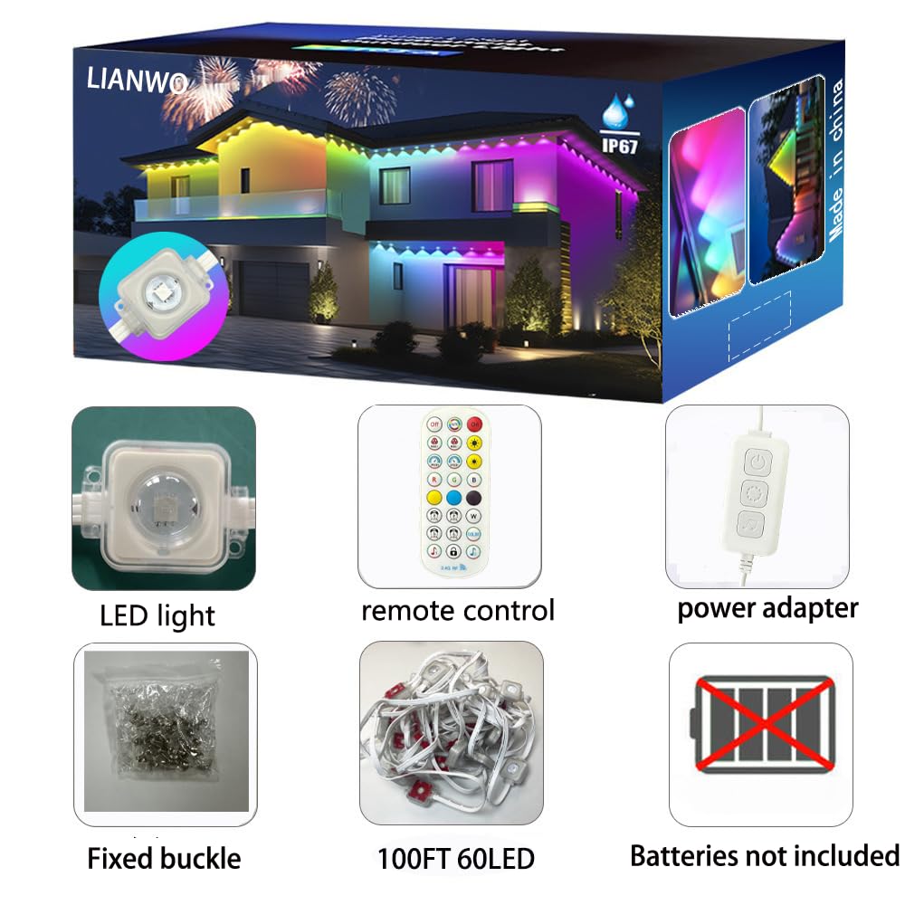 LIANWO100FT RGB Eaves Lights with App & Remote Control, IP67 Waterproof Outdoor Lighting, DIY Scene Modes for Garden, House, Party, Holiday Decor (Permanent Installation)