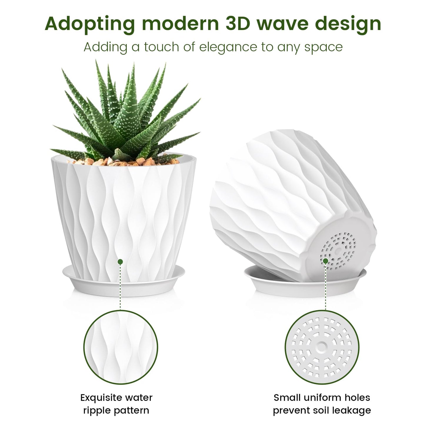 Meowell 5 inch Plant Pots for Indoor Outdoor Plants, 6 Pack Thick Nursery Pots with Drainage Holes and Saucers, 3D Modern Wave Texture Small Plastic Planter Flower Pots for Succulent, Herb, White