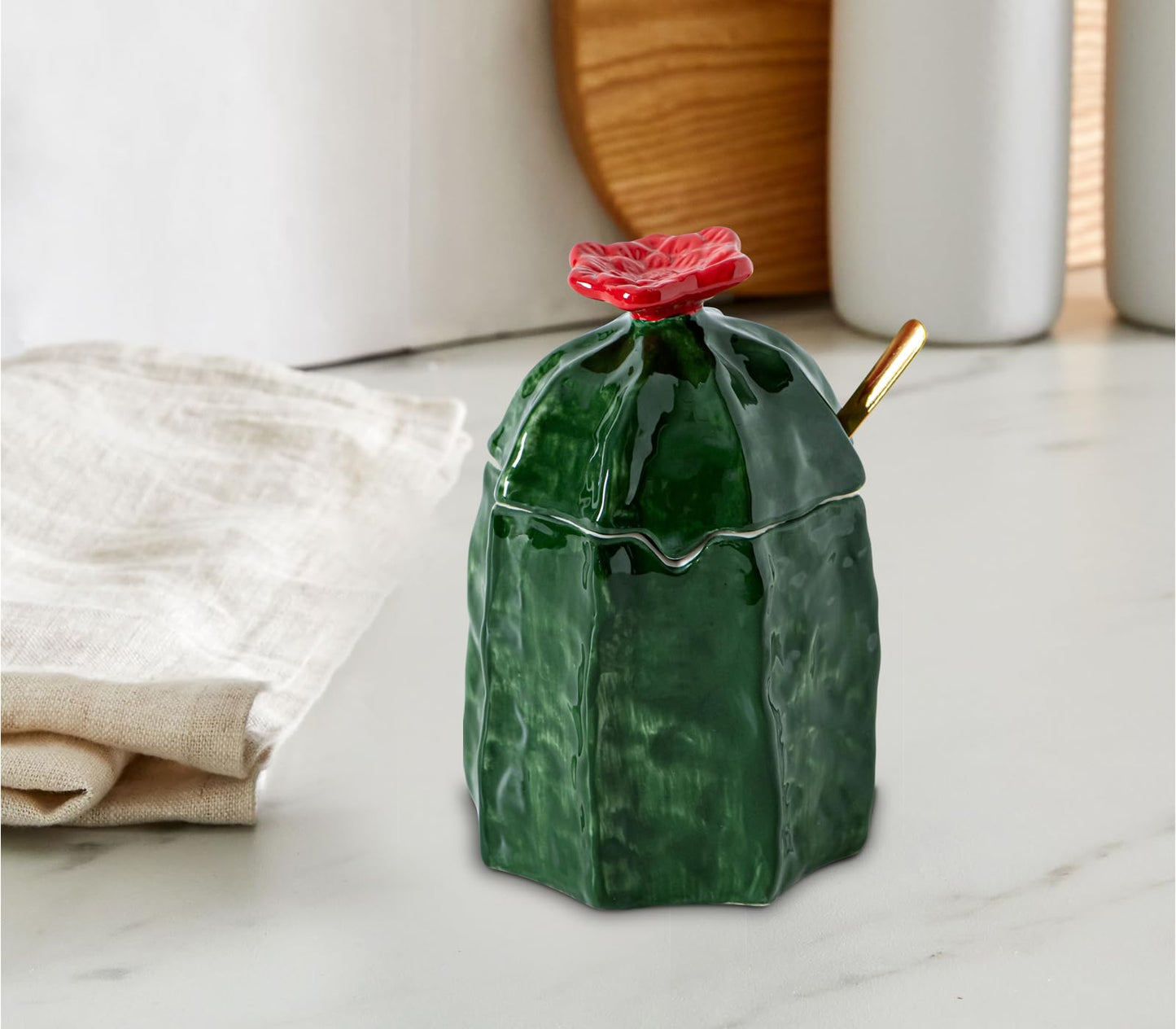 dgudgu Cactus Salt Cellar With Lid Ceramic Salt Container With Lid And Spoon Cute Salt Holder Elegant Salt Container For Countertop