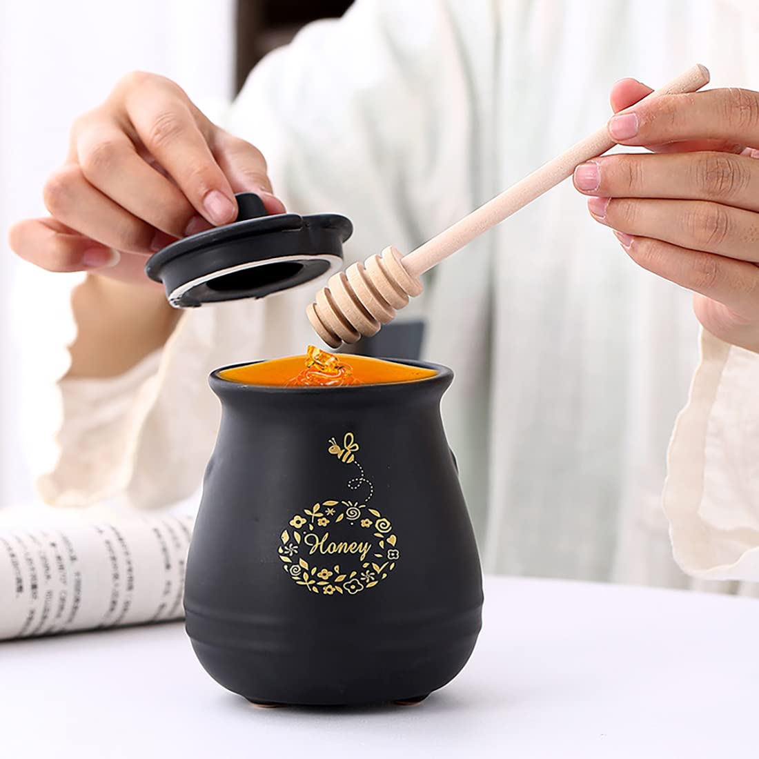 Kosmeey Ceramic Honey Jar With Wooden Honey Dipper - Honey Pot With Dipper - Black Honey Dispenser with Stand, Great Bee Decor- Farmhouse Kitchen Decoration