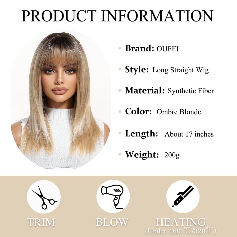 OUFEI Ombre Blonde Wigs for Women Medium Length Long Straight Wig with Bangs Synthetic Hair Heat Resistant Wigs for Everyday Party Cosplay Wear