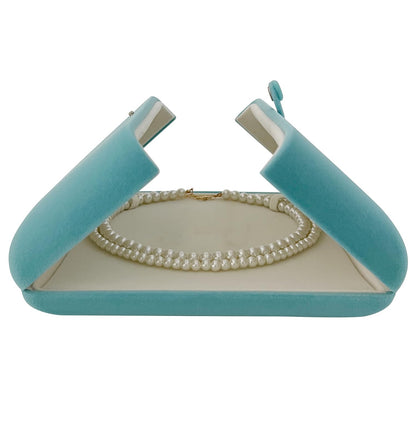 Aqua Teal Velvet Jewelry Box for Large Necklace Luxury Pearl Strand Presentation Case, Tri-Panel Flat Open Design, Button Clip Closure, Cream Velvet Interior, Gift Box for Wedding Birthday