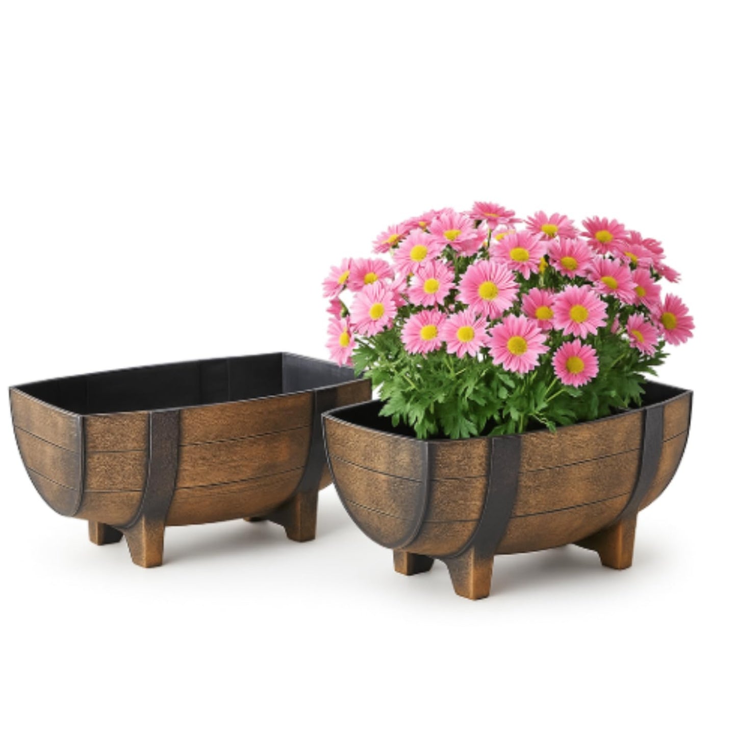 Rustic Half Barrel Planters – Set of 2, Faux Wood Outdoor Flower Pots with Drainage Hole & Feet, Weather-Resistant Polypropylene Garden Containers, 16.25" x 7.5" x 11.75"