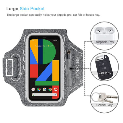 Pixel 10 9 Pro XL Armband, JEMACHE Gym Running Workouts Phone Arm Band for Google Pixel 10/9 Pro XL, 8/7/6 Pro with Earbuds Holder (Grey)