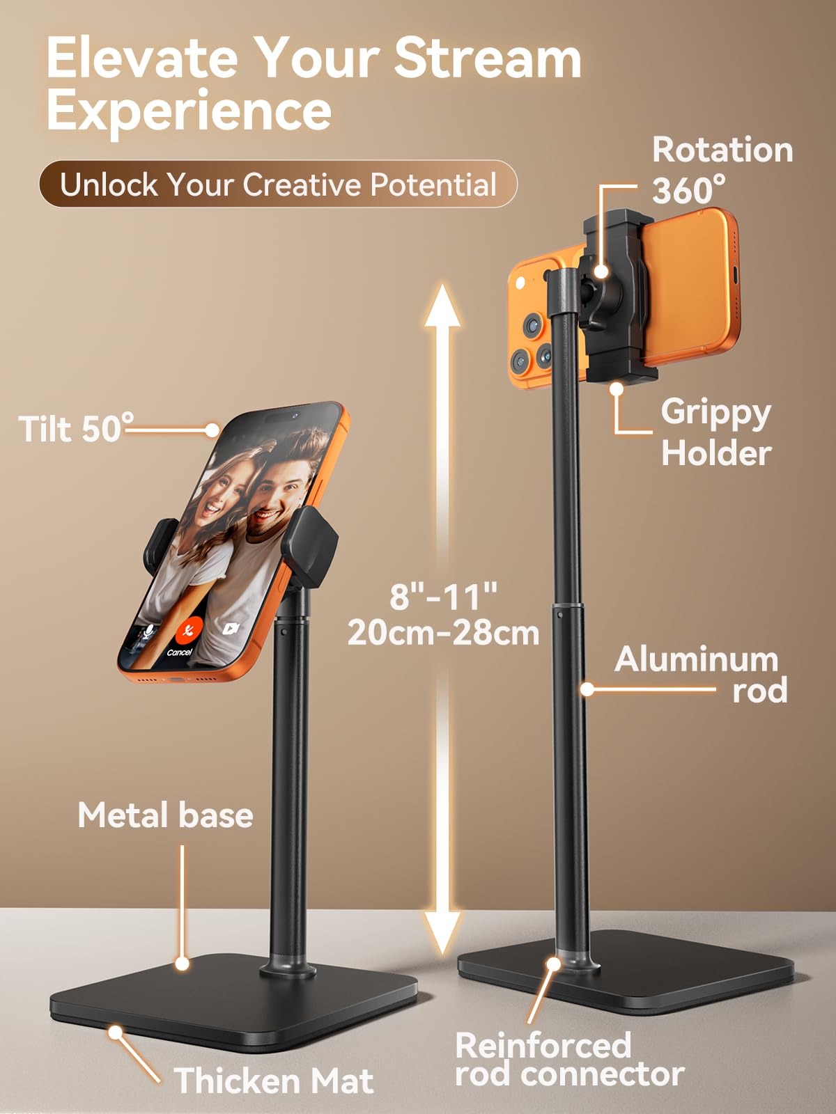 tounee Phone Stand for Desk, 8-11" Height Adjustable Cell Phone Holder for Live Streaming, Video Recording, TikTok – Compatible with iPhone 17/16/15, Samsung, All 4-7" Smartphones -Black