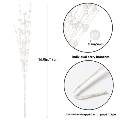 Losris Christmas Artificial Glitter Berry Stem Decorations Decorative Bead Sticks Xmas Picks Glittery Twigs Branches for Christmas Tree Wreath Gift Vase Home Decor Party Ornaments White 24 PCS