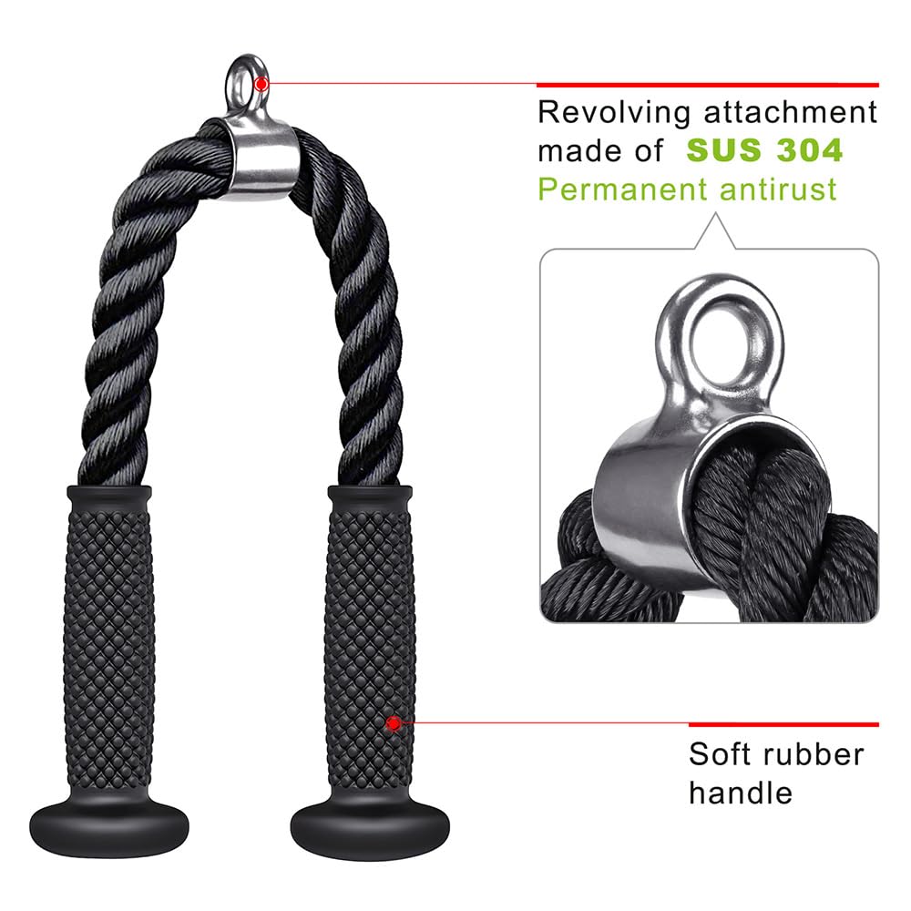 Kipika Tricep Pull Down Attachment - Cable Machine Accessories for Home Gym with 28" Nylon Tricep Rope and 2 D Handles