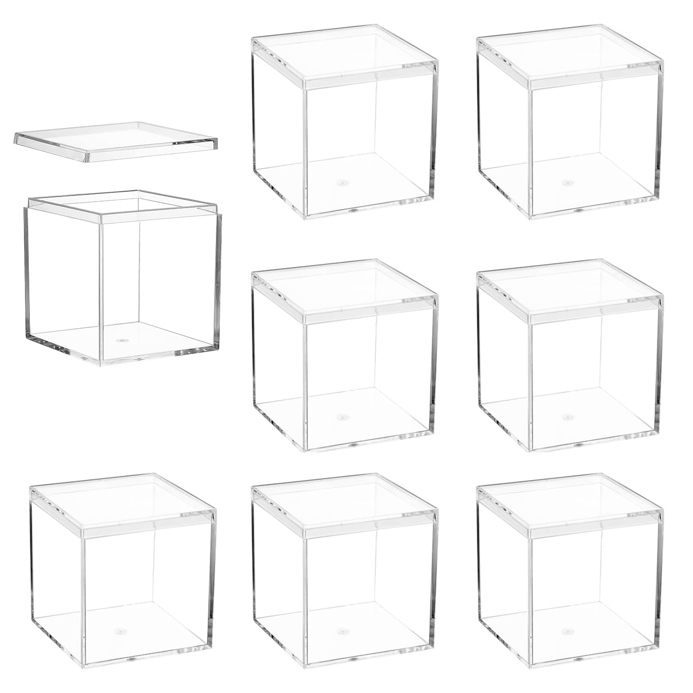 ADVcer 8 pcs Clear Acrylic Box with Lid, 2.56 inch Square Cube Small Acrylic Storage Boxes Display Case, Transparent Plastic Decorative Box Set for Jewelry Gift Toy Model Candy Mini Cake Containers