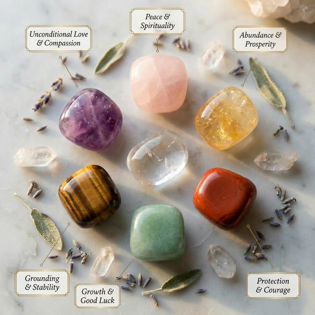 7 Chakra Crystal Stones Set – Healing Tumbled Gemstones for Meditation, Reiki & Chakra Balancing – Amethyst, Rose Quartz, Citrine, Clear Quartz, Tiger Eye, Green Aventurine & Red Jasper
