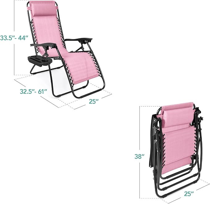 Best Choice Products Set of 2 Adjustable Steel Mesh Zero Gravity Lounge Chair Recliners w/Pillows and Cup Holder Trays - Bubblegum Pink/Black