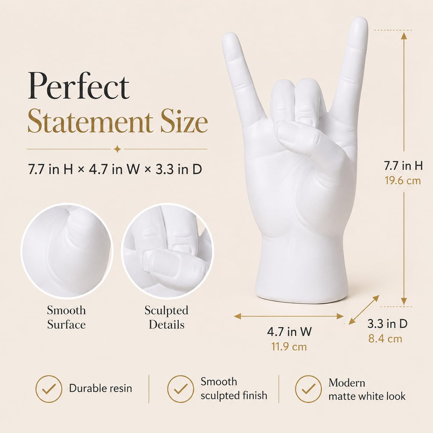 XIYOUQI Rock Hand Statue, Rock On Hand Gesture Sculpture, White Resin Hand Sign Decor for Music Lovers, Modern Tabletop Sculpture for Desk Bookshelf Mantel Man Cave Office Decor