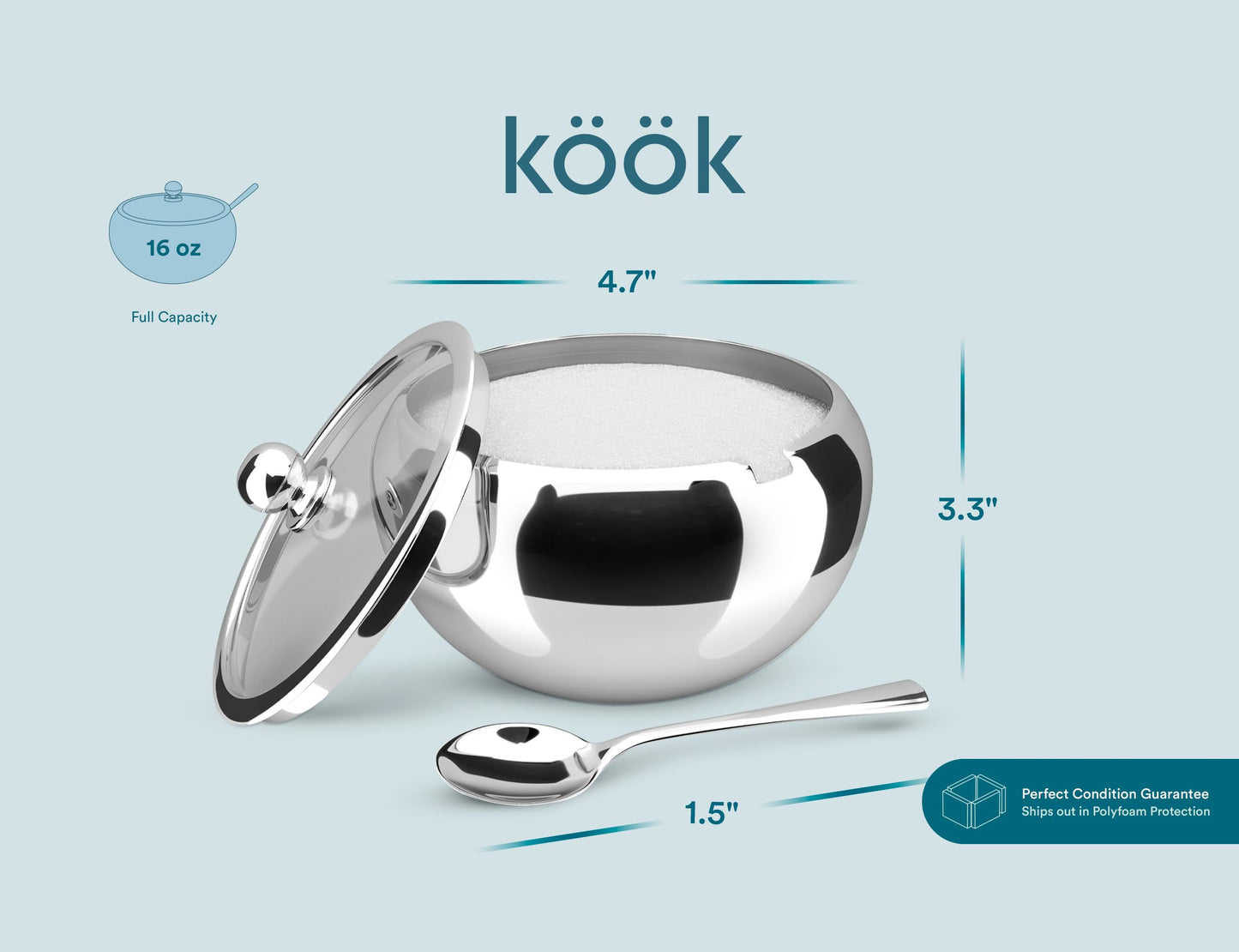 KooK Sugar Bowl with Lid and Spoon, Container with Lid, for Salt, Coffee, Holds 2 Cups, Dishwasher Safe, Stainless Steel, 16 Oz