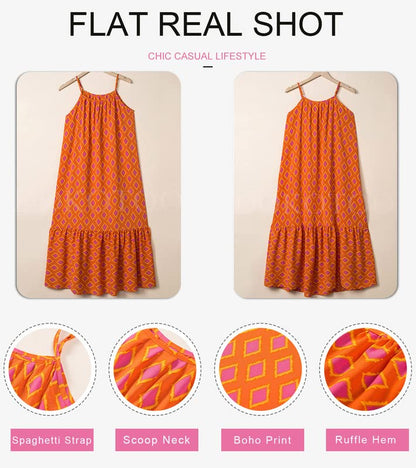 Dokotoo Women Summer Dresses 2025 Spaghetti Strap Scoop Neck Smocked Ruffle Flowy Boho Maxi Dress