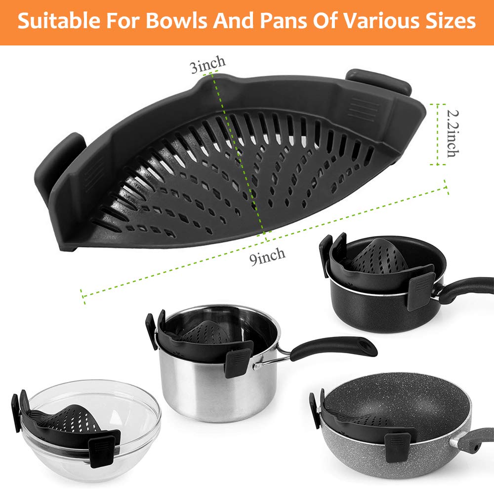 YEVIOR Clip on Strainer for All Pots Pan,Silicone Pasta Strainer Kitchen Gadgets,Collapsible Colander for Noodle,Vegetables,Fruit,Spaghetti (Grey)