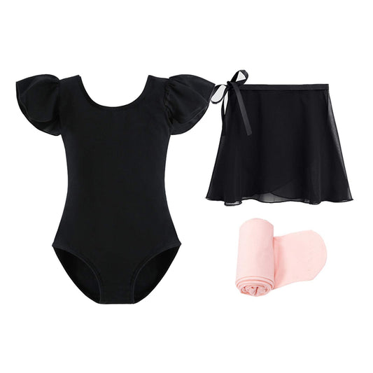 Stelle Ballet Leotards for Girls Dance Dress Outfit Combo with Skirt and Tights (Black-Ruffle Sleeve, 110)