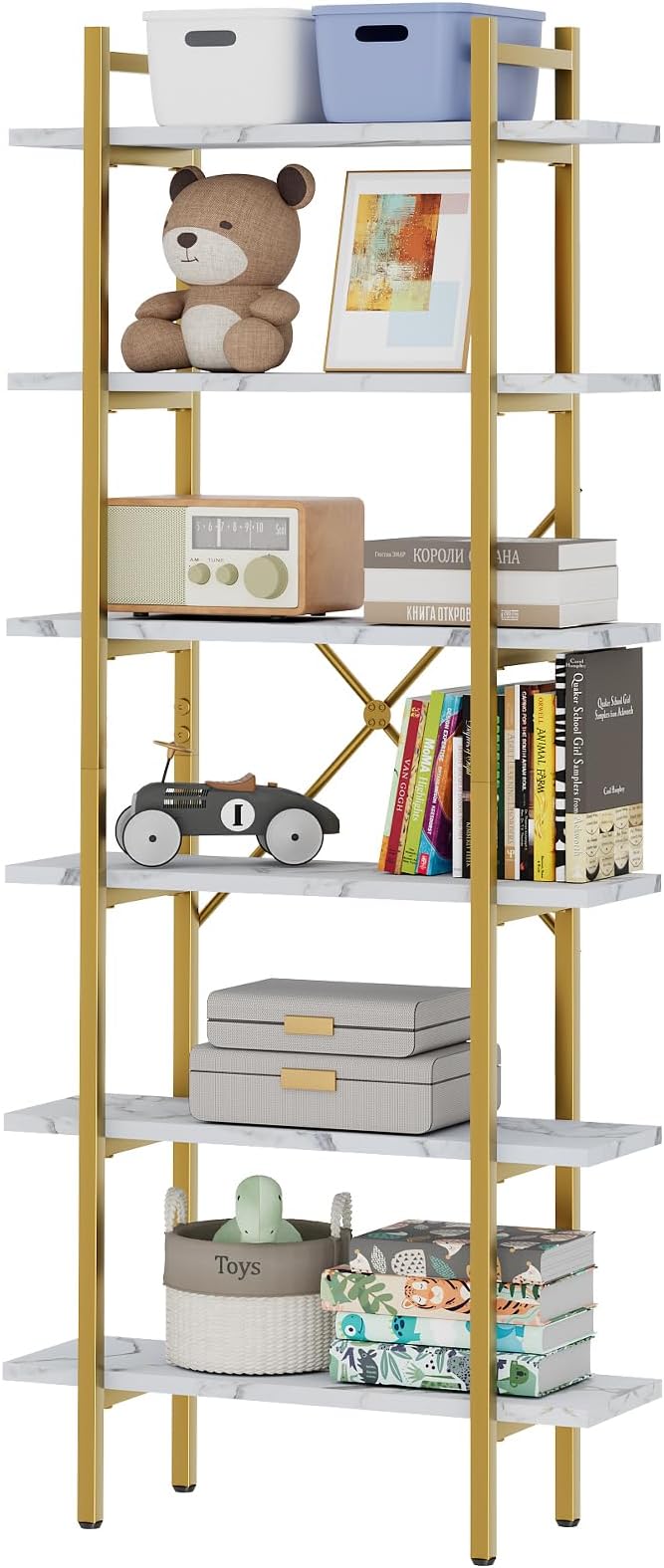 6 Tiers Bookshelf Organizer White Faux Marble Shelf, Modern Open Display